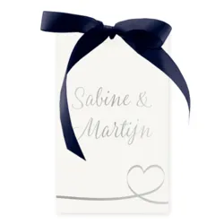 Trouwkaart hoesje glimmend zilver met donker blauwe strik