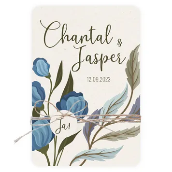 Trouwkaart blauwe bloemen met labels