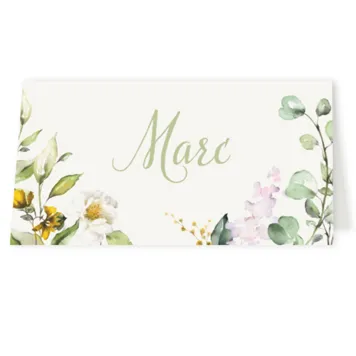 Tafelkaart aquarel bloemen met groene tekst