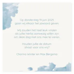 Save the date blauwe waterverf met zilver folie