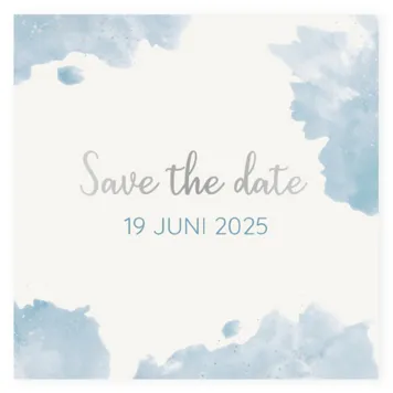 Save the date blauwe waterverf met zilver folie