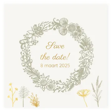 Save the date groen en gouden bloemen