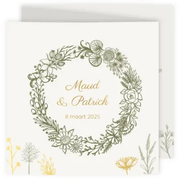 Trouwkaart groen en gouden bloemen