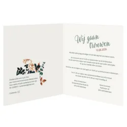 Trouwkaart botanisch met namen in oranje foliedruk