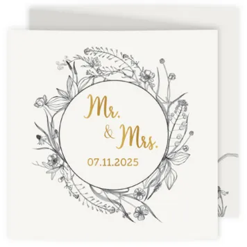 Trouwkaart zwart witte bloemen met goud folie