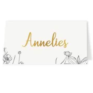 Tafelkaart zwart witte bloemen met goud folie