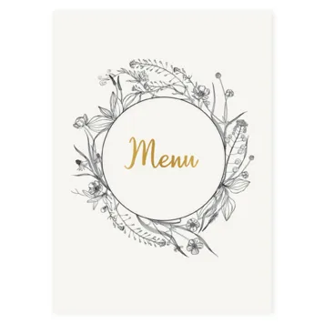 Menukaart zwart witte bloemen met goud folie