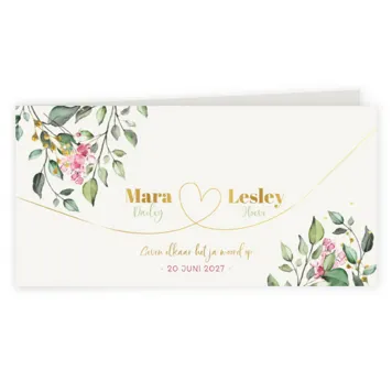 Trouwkaart langwerpig bloemen met folie goud