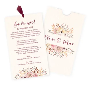 Trouwkaart in hoesje met waterverf bloemen