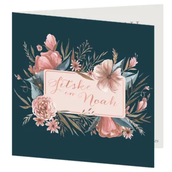 Trouwkaart mat gelamineerd met bloemen en koperfolie bedrukking