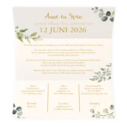 Trouwkaart smal mapje met goud lint en bladeren