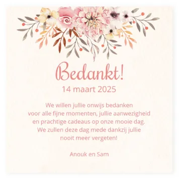 Bedankkaart waterverf bloemen roze