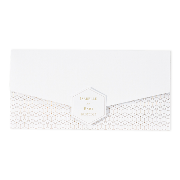 Trouwkaart Langwerpige witte pochette met geometrisch patroon in koperfolie