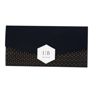 Langwerpige zwarte pochette met geometrisch patroon in koperfolie