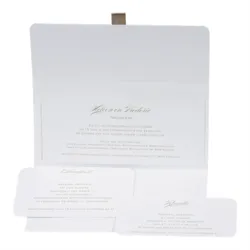 Trouwkaart Witte clutch met confetti in goudfolie Wij trouwen