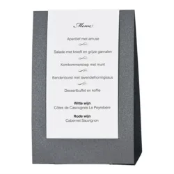 Trouwkaart Menu staander staalgrijs met zilverfolie