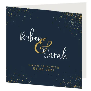 Trouwkaart donkerblauw met spetters in goud foliedruk