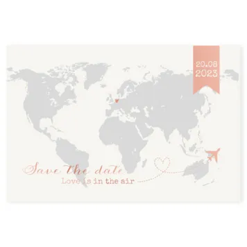 Save the date kaart met rose foliedruk wereldkaart