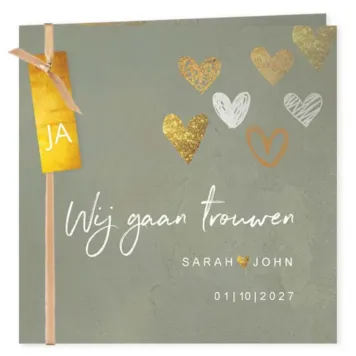 Trouwkaart waterverf met hartjes en label