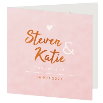 Trouwkaart mat gelamineerd roze met foliedruk