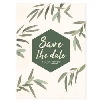 Save the date kaart met groene takjes op structuurpapier