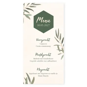 Menukaart met groene takjes op structuurpapier