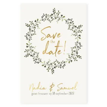 Save the date - bladerkrans met goudfolie
