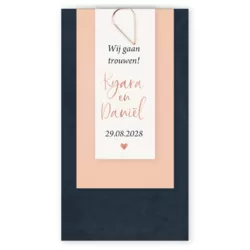 Trouwkaart labels donkerblauw met foliedruk