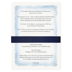 Trouwkaart enkel aquarel blauw met donkerblauwe strik