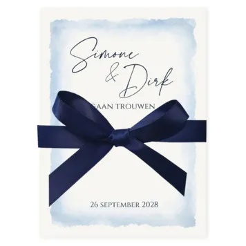Trouwkaart enkel aquarel blauw met donkerblauwe strik