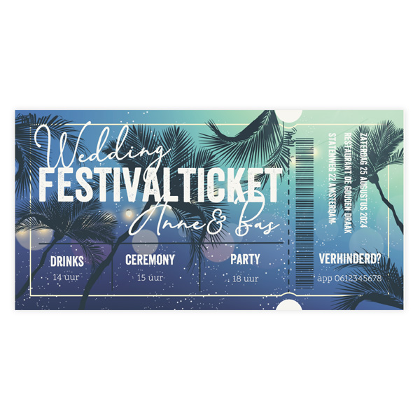 Trouwkaart in festival ticket style