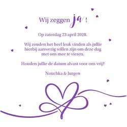 Save the date kaart - Hartjes paars foliedruk