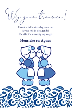 Save the date kaart - Delfts Blauw kalender lesbisch stel