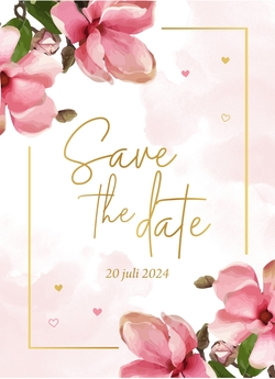 Save the date kaart roze bloemen waterverf met foliedruk