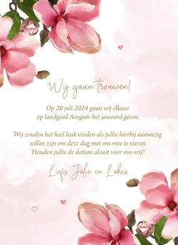 Save the date kaart roze bloemen waterverf met foliedruk
