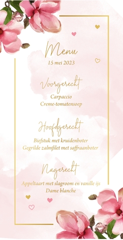 Menukaart roze bloemen waterverf met foliedruk